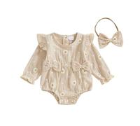 Baby Girl Daisy Flower Bubble Rompers Linen Ruffle Long Sleeve Bodysuit with Headband Cute Newborn Fall Clothes Welcome Home 3 6 12 18 Months (Khaki, 0-3 Months)