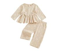 Baby Girl Daisy Outfit Linen Floral Smocked Tunic Shirt with Bow-Knot Wide-Leg Pants Cute 2Pcs Toddler Fall Clothes (Apricot, 12-18 Months)