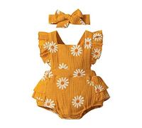 Baby Girl Dress Newborn Baby Girl Clothes Daisy Print Crepe Fabric Baby Romper Set Infant Girl Outfits 2PC Set Toddler Summer Outfits for Girls (Gold, 9-12 Months)