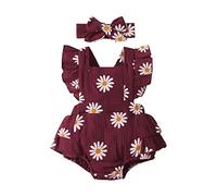 Baby Girl Dress Newborn Baby Girl Clothes Daisy Print Crepe Fabric Baby Romper Set Infant Girl Outfits 2PC Set Toddler Summer Outfits for Girls (Wine, 6-9 Months)