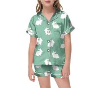 Baby Girl Easter Clothes Sets Girls Pyjamas Sets Kids 15Pcs PJ Set Button Down Short Sleeve Sleepwear Short Sleeve Casual Clothes Set Loose Nightwear with Print Green