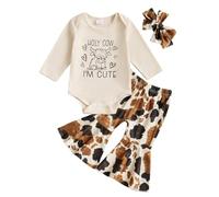 Baby Girl Fall 3pcs Outfits Ruffle Long Sleeve Cow Print Romper + Bow Pants + Headband Set Newborn Clothes (Khaki Holy Cow I'm Cute, 0-3 Months)