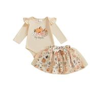 Baby Girl Fall Skirts Suit Ghost Letter Print Halloween 2 Pieces Outfits Cute Long Sleeve Romper Bat Ruffled Tulle Skirts Infant Clothes Set (Beige, 6-12 Months)