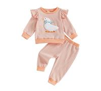 Baby Girl Farm Silly Goose Outfit Cartoon Goose Embroidery Sweatshirt Ruffle Long Sleeve Pullover Tops Waffle Striped Jogger Pants Cute 2Pcs Toddler Girl Fall Winter Clothes Set (Pink, 6-12 Months)