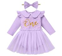 Baby Girl First 1st Birthday Cake Smash Outfit, Golden One Lace Floral Ruffle Long Sleeve Tutu Tulle Romper Dress Headband Set Toddler One Year Old Party Photo Shooting Props Fall Winter Purple 12-18M