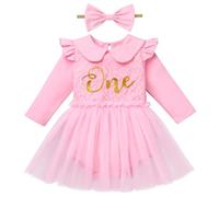 Baby Girl First 1st Birthday Cake Smash Outfit, Golden One Lace Floral Ruffle Long Sleeve Tutu Tulle Romper Dress Headband Set Toddler One Year Old Party Photo Shooting Props Fall Winter Pink 9-12M