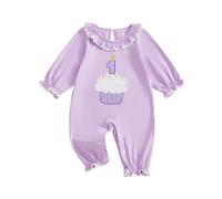 Baby Girl First Birthday Outfit Cherry Strawberry Letter Print Long Sleeve Ribbed Jumpsuit Bow Headband Toddler Girls Clothes (Purple, 12-18 Months)