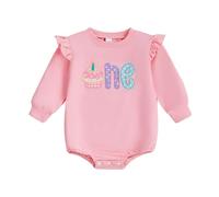 Baby Girl First Birthday Outfit Romper Sweatshirt 12-18 Months 1st Birthday Clothes Ruffled Long Sleeve Bodysuit Cupcake Letters Embroidery Infant Girls Jumpsuit 6-12 Months (Pink, 12-18 Months)