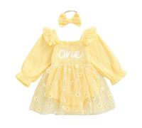 Baby Girl First Birthday Outfits Long Sleeve Letter Embrpidery Romper A-Line Princess Dress Daisy Print Bodysuit Tulle Tutu Skirt and Headband 2Pcs 1st Birthday Clothes (Yellow, 12-18 Months)