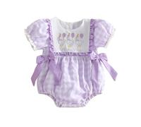 Baby Girl First Birthday Romper Goose Letters Embroidery Bodysuit Round Neck Short Sleeve Jumpsuit with Two Bows Decor Plaid Playsuit Infant Girls 1st Birthday Outfits (Purple, 12-18 Months)
