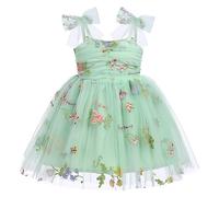 Baby Girl Floral Dress Toddler 1st 2nd 3rd Birthday Party Princess Dresses Self Tie Bowknot Spaghetti Straps Flower Embroidery Ruffle Swing A-line Short Dress Summer Sundress Green Embroidery 3-4Y