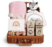 Baby Girl Gift, Baby Shower Gifts for Girls, Unique Baby Gifts Basket Essentials Stuff - Baby Lovey Blanket Newborn Bibs Socks Wooden Rattle & Greeting Card, Newborn Baby Gift Set