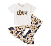 Baby Girl Gift Toddler Baby Girls Sunflower Western Horse Clothes Set Short Sleeve Top And Flared Pants 2pcs Outfits Fall Clothes Baby Outfit Girl (White, 2-3 Years)