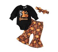 Baby Girl Halloween Bell Bottom Outfit Pumpkin Romper Flare Pants Set | Pumpkin Face Print Long Sleeve Romper + Elastic Waist Stripe Flare Pants 3Pcs Set