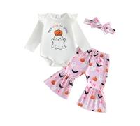 Baby Girl Halloween Bell Bottom Outfit Pumpkin Romper Flare Pants Set | Pumpkin Face Print Long Sleeve Romper + Elastic Waist Stripe Flare Pants 3Pcs Set