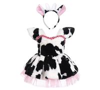 Baby Girl Halloween Costume Spotted Dog Cow Series Plush Ruffle Tutu Dress with Headband Toddler 2Pcs Animal Cosplay Fany Dress up Outfit White-Cow 3-6 Months