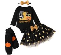 Baby Girl Halloween Costumes,My First Halloween Outfit Girl,Newborn Halloweens Costume,Infant Pumpkin Romper + Leg Warmers + Tutu Skrit + Headband,4pcs Halloweens Baby Clothes Set 3-6 Months,Black