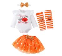 Baby Girl Halloween Costumes,My First Halloween Outfit Girl,Newborn Halloweens Costume,Infant Pumpkin Romper + Leg Warmers + Tutu Skrit + Headband,4pcs Halloweens Baby Clothes Set 0-3 Months,White