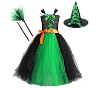Baby Girl Halloween Dress,Witch Costume For 11-12 Black Witches Hats Witch Dress Bat Outfit Winter Clothes Ghost Spider Purple Black Themed Party Carnival Christmas (c-Green,4-5 Years)