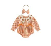 Baby Girl Halloween Embroidered Pumpkin Plaid Onesie Romper with Headband (A-Orange, 6-9 Months)