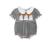 Baby Girl Halloween Outfit Short Sleeve Bow Ghost Pumpkin Bubble Romper | My First Halloween Outfit Newborn Doll Collar Embroidery Smocked Bodysuit Infant Cute Clothes