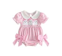 Baby Girl Halloween Outfit Short Sleeve Bow Ghost Pumpkin Bubble Romper | My First Halloween Outfit Newborn Doll Collar Embroidery Smocked Bodysuit Infant Cute Clothes