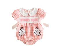 Baby Girl Halloween Outfit Short Sleeve Bow Ghost Pumpkin Bubble Romper | My First Halloween Outfit Newborn Doll Collar Embroidery Smocked Bodysuit Infant Cute Clothes