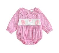 Baby Girl Halloween Outfits Plaid Romper Pumpkin Embroidery Long Sleeve Ruffled Round Neck Bubble Jumpsuit Fall Winter Clothes Baby Clothing (Purple, 6-12 Months)