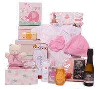 Baby Girl Hamper Gift Tower Johnson's Products with a Bottle of Prosecco and Strawberry Cream Chocolates.