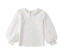 Baby Girl Kids Blouses Long Sleeves Solid Color Doll Collar T-Shirt Lace Pullover Top Bottom White 130 6-7 Years