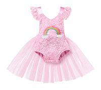 Baby Girl Lace Romper 1st First Birthday Cake Smash Outfit Boho Rainbow Romper Bodysuit Backless Princess Tutu Tulle Dress One-piece Jumpsuit Playsuit One Year Old Party Photo Shooting Pink 6-12M