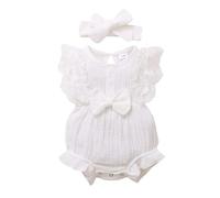 Baby Girl Lace Romper - Sleeveless Ruffle Bow Decorated Jumpsuit Bodysuit with Headband, Newborn, Size 0-6 Months, White#G