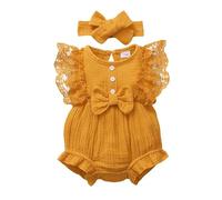 Baby Girl Lace Romper - Sleeveless Ruffle Bow Decorated Jumpsuit Bodysuit with Headband, Newborn, Size 0-6 Months, White#Z