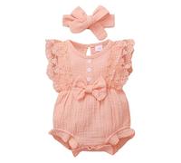 Baby Girl Lace Romper - Sleeveless Ruffle Bow Decorated Jumpsuit Bodysuit with Headband, Newborn, Size 0-6 Months, White#Z