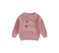 Baby Girl Little Sister Knit Sweater Fall Winter Infant Long Sleeve Crewneck Letter Embroidery Knitted Jumper Top (A-Rose Pink, 6-9 Months)
