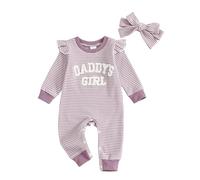Baby Girl Long Sleeve Romper Newborn Bodysuit Stripe Print Ruffled Trim Daddy's Letter Embroidery Infant Girls Jumpsuits and Headband 2Pcs Set Baby One Piece Outfits (Purple Daddy, 3-6 Months)
