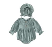 Baby Girl Long Sleeve Romper with Hat Cotton Linen Jumpsuit Newborn Outfits | Solid Color, Doll Collar, Comfortable rustic style, 2Pcs Infant fall winter spring clothes set