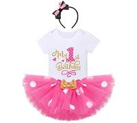 Baby Girl My 1st Birthday Cake Smash Outfit Short Sleeve Romper Cotton Babygrow Polka Dot Tutu Tulle Princess Skirt Ear Bowknot Headband 3pcs Clothes Set Photo Props Hot Pink