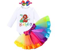 Baby Girl My 2nd Second Birthday Cake Smash Outfit Rainbow Tutu Skirt Set Watermelon Cotton Long Sleeve Romper Bowknot Headband 3pcs Two Years Old Party Photo Shooting Fall Winter Clothes 2 Years