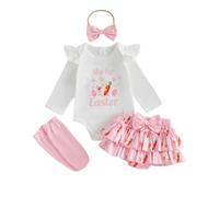 Baby Girl My First Easter Outfits 4 Pcs Bunny Ruffle Shorts Set Sleeve Short Sleeve Letter Rabbit Print Romper+Tutu Bloomer Shorts+Bow Headband+Stockings Cute Easter Outfit (White-A, 0-3 Months)