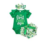 Baby Girl My First St. Patrick's Day Outfits Clothes Green Ruffle Short Sleeve Romper +Shamrock Print Shorts + Bow Headband 3 Piece Set (b-Green, 3-6 Months)
