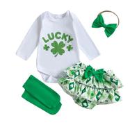 Baby Girl My First St. Patrick's Day Outfits Clothes Green Ruffle Short Sleeve Romper + Shamrock Print Shorts + Bow Headband 3 Pieces Set (White Lucky, 12-18 Months)