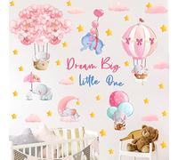Baby Girl Nursery Wall Decals Dream Big Little One Stickers Pink Elephant Decals Baby Bedroom Wall Decor Flower Hot Air Balloon Wall Sticker Stars Decals for Children Room Playroom Art Home Decoration