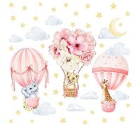 Baby Girl Nursery Wall Decals Flowers Hot Air Balloon Animal Wall Decals Peel and Stick Giraffe Elephant Wall Stickers Baby Room Decor Jungle Animals Wall Art Stickers for Kids Bedroom Playroom Decor