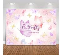 Baby girl party banner 1 pack polyester background fabric "A little butterfly is coming" pink and gold party decorations 300x200CM