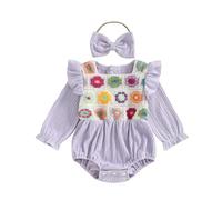 Baby Girl Romper 0-18 Months Newborn Girls Bodysuit Crochet Floral Embroidery Crew Neck Ruffled Long Sleeve Jumpsuit and Headband Infant Girls One-Piece Outfits (Purple, 3-6 Months)