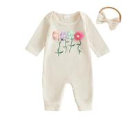Baby Girl Romper 3D Flower Embroidery Waffle Jumpsuit Long Sleeve Bodysuit with Headband Cute Newborn Fall Winter Clothes Welcome Home 0 3 6 9 12 18Months (Beige, 3-6 Months)