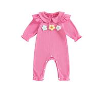 Baby Girl Rompers 3D Crochet Flower Decor Long Sleeve Peter Pan Collar Bodysuits Newborn Girl Autumn Clothes Cute Jumpsuit One Piece Outfit (Pink, 9-12 Months)