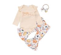 Baby Girl Set New Born Baby Toddler Clothes for Winter with Long Sleeve Romper Tops with Letter Print Trousers with Cartoon Pumpkin Print Headband 3-Piece Clothing Set Baby, beige, 3-6 Months