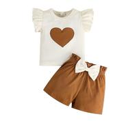 Baby Girl' Shorts Sets Toddler Baby Girl Summer Clothes Ruffle Ribbed Knit Short Sleeves T-Shirt Tops + Shorts Cute Outfits Set (Beige, 3-6 Months)